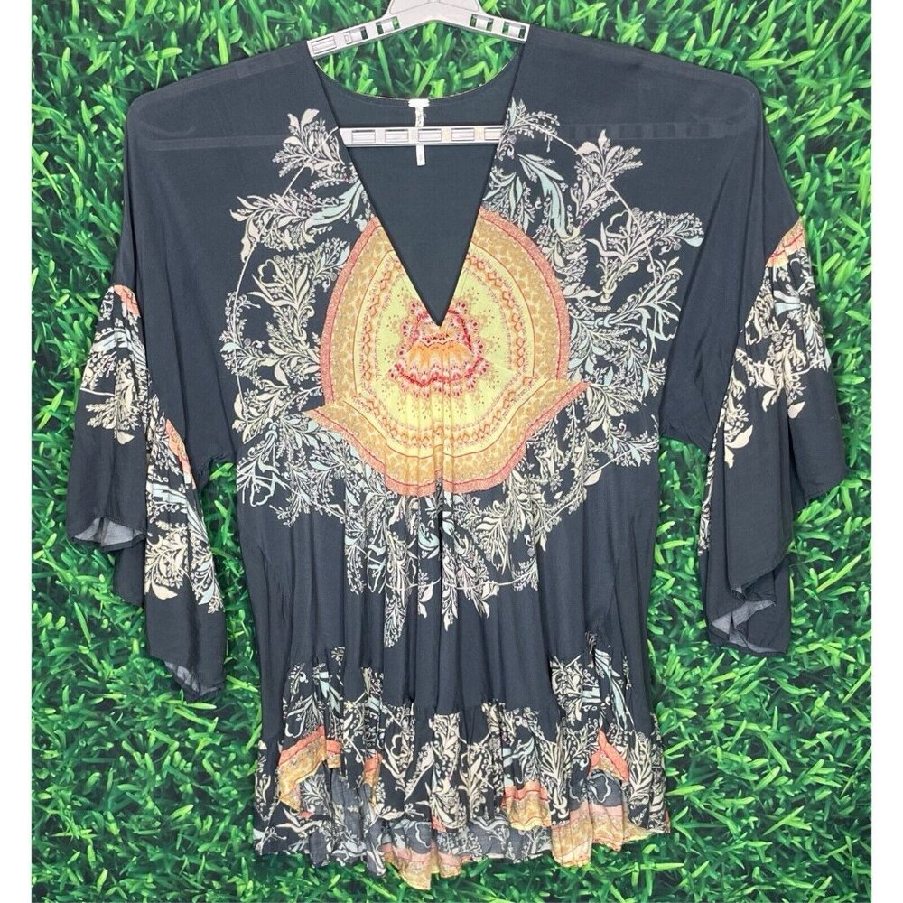 Free People Sunset Dreams Tunic Top Bell Sleeves Hippie Chic Boho V-Neck Small